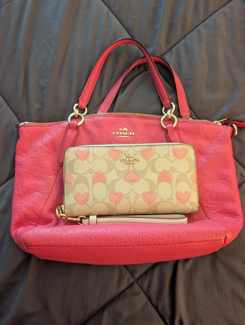 COACH Pink Leather Shoulder Tote with Heart-Print Wallet